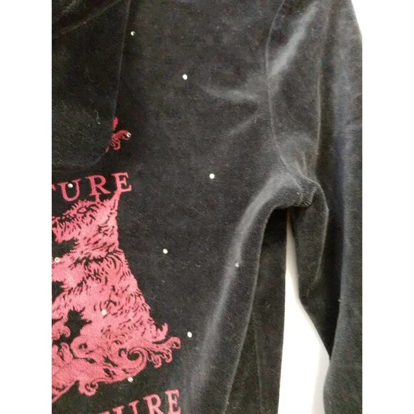 Vintage Y2K Juicy Couture Velour Hoodie Graphic Rhinestones Black Red Medium - Picture 10 of 12